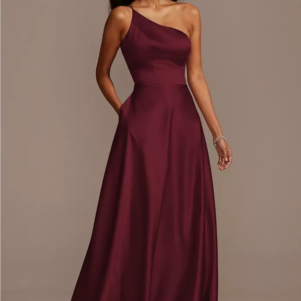 David's Bridal One Shoulder Burgundy Dress